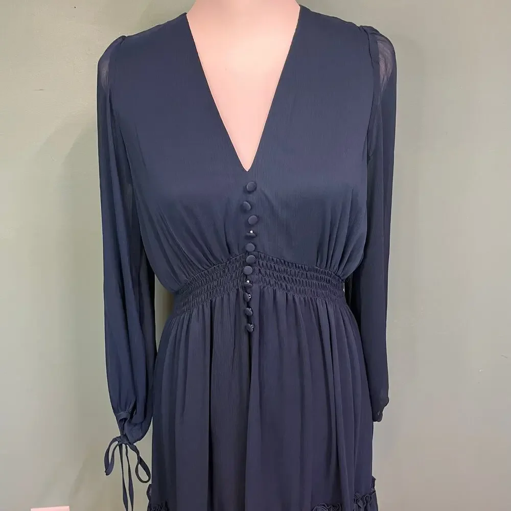 Taylor Navy Chiffon Boho Dress 8 Cottagecore Wedding Guest Romantic Aesthetic - Picture 5 of 9